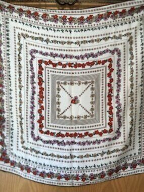 Vintage Floral Square Scarf Hand Rolled Edges Red Lavender on Ivory Cream